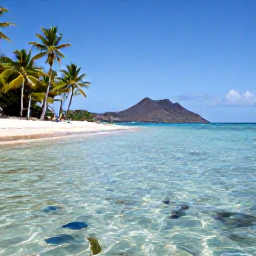 Caribbean Holidays, Guadeloupe in June, Guadeloupe beach in June with palm trees, clear shallow water, colourful snorkelling fish and volcanic hills in the distance