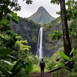 Caribbean Holidays, Guadeloupe in June, Hiker walking through Guadeloupe rainforest towards a waterfall, with volcanic mountains and dense tropical vegetation