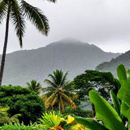 Caribbean Holidays, Guadeloupe in June, Lush Guadeloupe rainforest in June with tall palms, broad green leaves and a soft tropical shower over the mountains