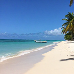 Caribbean Holidays, Guadeloupe in June, Quiet Guadeloupe beach in June with turquoise water, pale sand, palm trees and a small traditional fishing boat