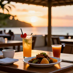 Caribbean Holidays, Guadeloupe in June, Relaxed outdoor restaurant in Guadeloupe at sunset, with Creole dishes, tropical drinks and warm evening light
