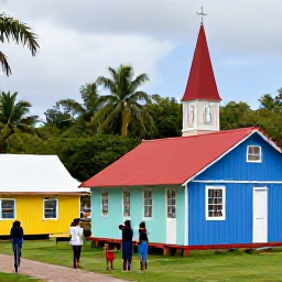 Caribbean Holidays, Guadeloupe in June, Travellers exploring a historic Guadeloupe village in June, with colourful wooden houses, a church and tropical greenery