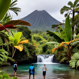 Caribbean Holidays, Guadeloupe in March, Hikers walking beside a clear waterfall in Guadeloupe rainforest, surrounded by tropical plants and volcanic scenery