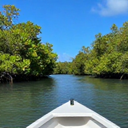 Caribbean Holidays, Guadeloupe in March, Mangrove channels and calm blue water in Guadeloupe's Grand Cul-de-Sac Marin nature reserve viewed from a small eco-boat