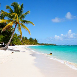 Caribbean Holidays, Guadeloupe in March, Quiet turquoise lagoon and white-sand beach on Guadeloupe's Grande-Terre coast with palm trees and a small snorkeller