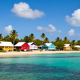 Caribbean Holidays, Guadeloupe in March, Sunny Guadeloupe coastal village with colourful houses, palm trees and a peaceful Caribbean bay in March