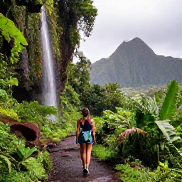 Caribbean Holidays, Guadeloupe in May, A lush Guadeloupe rainforest path near a waterfall, with tropical greenery, volcanic mountains and a traveller exploring in May