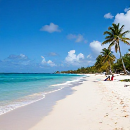 Caribbean Holidays, Guadeloupe in May, A wide Caribbean beach in Guadeloupe in May, turquoise water, pale sand, palm trees and a couple relaxing by the shore