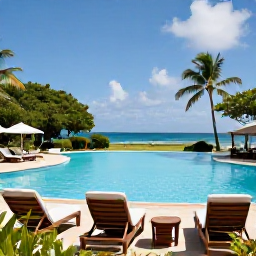 Caribbean Holidays, Guadeloupe in May, An inviting all-inclusive resort in Guadeloupe with a swimming pool, loungers, tropical gardens and a view towards the sea