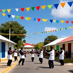 Caribbean Holidays, Guadeloupe in May, Guadeloupe cultural festival scene in May with traditional music, dancers and a village street decorated for a local celebration