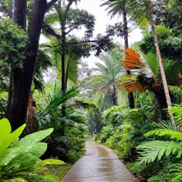 Caribbean Holidays, Guadeloupe in May, Lush Guadeloupe rainforest in May with tall tropical trees, broad green leaves and a clear walking trail after light rain