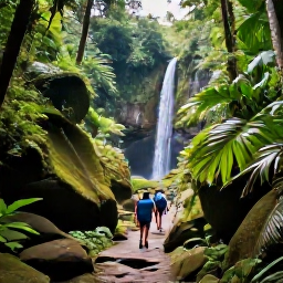 Caribbean Holidays, Guadeloupe in May, Lush rainforest waterfall and tropical walking trail in Basse-Terre, Guadeloupe, with visitors exploring the scenery