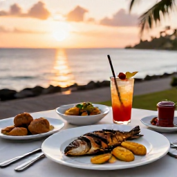 Caribbean Holidays, Guadeloupe in May, Outdoor table serving Creole food in Guadeloupe at sunset, with grilled fish, plantain and tropical drinks