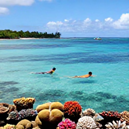 Caribbean Holidays, Guadeloupe in May, People snorkelling in clear shallow water beside a colourful coral reef off the coast of Guadeloupe