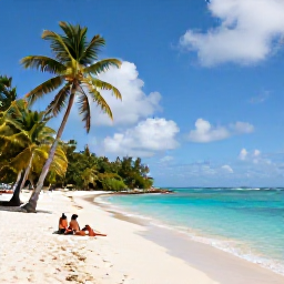 Caribbean Holidays, Guadeloupe in May, Quiet Guadeloupe beach in May with clear turquoise water, palm trees and a couple relaxing near the shoreline