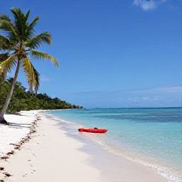Caribbean Holidays, Guadeloupe in May, Quiet Guadeloupe beach with turquoise water, palms and a small kayak exploring the calm shoreline in May