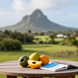 Caribbean Holidays, Guadeloupe in May, Relaxed outdoor table overlooking a green Guadeloupe landscape, with local fruit and a travel guide in soft afternoon light