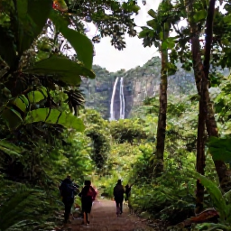 Caribbean Holidays, Guadeloupe in May, Visitors exploring Basse-Terre rainforest trail in May with lush vegetation, waterfalls and tropical mountain scenery