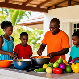 Caribbean Holidays, Guadeloupe in November, Guadeloupean family preparing traditional Creole food in a welcoming open-air kitchen, colourful ingredients and cooking pots
