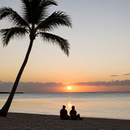 Caribbean Holidays, Guadeloupe in October, A couple enjoying a peaceful sunset on a Guadeloupe beach, with palm silhouettes, calm sea and warm evening light