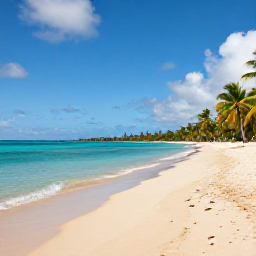 Caribbean Holidays, Guadeloupe in October, A wide, quiet Caribbean beach in Guadeloupe with turquoise water, palm trees and soft golden sand under a bright October sky