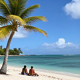 Caribbean Holidays, Guadeloupe in October, Relaxed Guadeloupe beach with palm trees, calm turquoise water and a couple enjoying a cultural island holiday in October