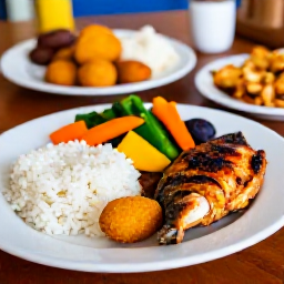 Caribbean Holidays, Guadeloupe in October, Traditional Guadeloupean Creole meal with accras, grilled fish, rice and tropical vegetables at a local restaurant