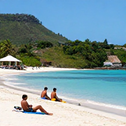 Caribbean Holidays, Guadeloupe in October, Travellers relaxing on Grande-Anse beach in Guadeloupe, with calm turquoise sea, lush hills and a small beach caf&eacute; nearby