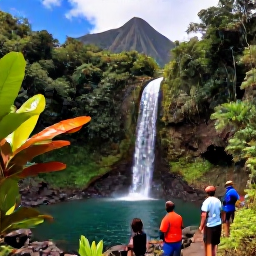 Caribbean Holidays, Guadeloupe in October, Visitors hiking through lush Guadeloupe rainforest towards a waterfall, with tropical plants, volcanic mountains and a clear pool