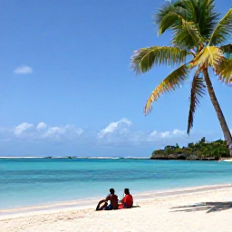Caribbean Holidays, Guadeloupe in September, Quiet Guadeloupe beach in September with turquoise water, palm trees and a couple enjoying a peaceful afternoon