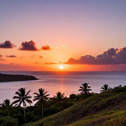 Caribbean Holidays, Guadeloupe Instagram, Colourful sunset over Les Saintes islands near Guadeloupe, viewed from a scenic hilltop with calm sea and silhouetted palms