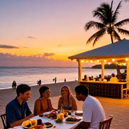 Caribbean Holidays, Guadeloupe Instagram, Friendly evening scene in Guadeloupe with a seaside restaurant, local food and warm sunset colours