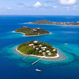 Caribbean Holidays, Guadeloupe Instagram Hotspots, Aerial view of the small green islands of Les Saintes in Guadeloupe, with bright blue sea, colourful houses and a traditional boat