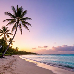 Caribbean Holidays, Guadeloupe Instagram Hotspots, Colourful December sunrise over a tropical Guadeloupe beach with calm turquoise water, palm trees and soft golden light