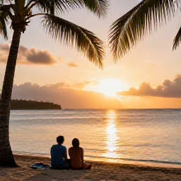 Caribbean Holidays, Guadeloupe Instagram Hotspots, Golden-hour beach scene in Guadeloupe with palm shadows, calm sea and a relaxed couple watching the sunset