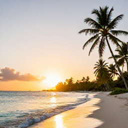 Caribbean Holidays, Guadeloupe Instagram Hotspots, Golden sunrise over Grande Anse beach in Guadeloupe, calm turquoise water, palm trees and soft morning light