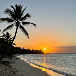 Caribbean Holidays, Guadeloupe Instagram Hotspots, Golden sunset over a Guadeloupe beach with silhouettes of palm trees and calm Caribbean water