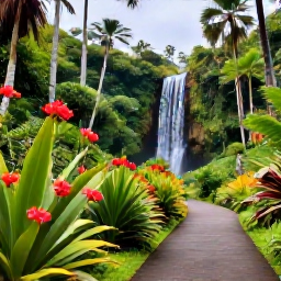Caribbean Holidays, Guadeloupe Instagram Hotspots, Lush botanical garden in Deshaies, Guadeloupe, with tropical flowers, palms, waterfalls and a quiet pathway
