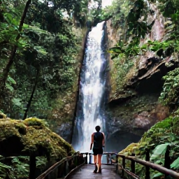 Caribbean Holidays, Guadeloupe Instagram Hotspots, Lush tropical waterfall surrounded by rainforest in Guadeloupe National Park, with a traveller on a viewing path