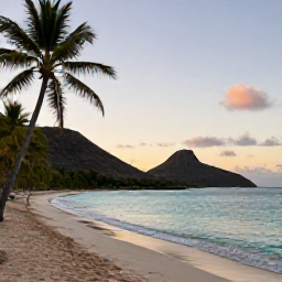 Caribbean Holidays, Guadeloupe Instagram Hotspots, Sunrise over a turquoise Caribbean beach in Guadeloupe, with palm trees, volcanic hills and soft October light