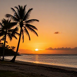 Caribbean Holidays, Guadeloupe Instagram Hotspots, Sunset over a quiet Guadeloupe beach with silhouetted palm trees, warm orange sky and calm Caribbean water
