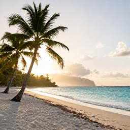 Caribbean Holidays, Guadeloupe Instagram Hotspots, Turquoise Caribbean sea, white sand beach and palm trees at sunrise on Grande-Terre, Guadeloupe