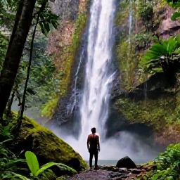 Caribbean Holidays, Guadeloupe Instagram, Lush rainforest trail and tall waterfall in Guadeloupe, with a traveller viewing the Cascade aux &Eacute;crevisses