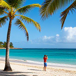 Caribbean Holidays, Guadeloupe Instagram Spots, A bright August morning at a scenic Guadeloupe beach with turquoise water, palm trees and a traveller taking photographs