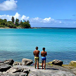 Caribbean Holidays, Guadeloupe Instagram Spots, A couple photographing the vivid blue waters and rocky shoreline of Pointe des Ch&acirc;teaux in Guadeloupe during August