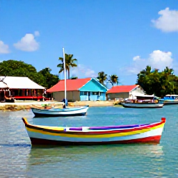 Caribbean Holidays, Guadeloupe Instagram Spots, Colourful fishing boats and traditional wooden houses beside a bright Caribbean harbour in Sainte-Anne, Guadeloupe
