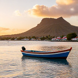 Caribbean Holidays, Guadeloupe Instagram Spots, Colourful fishing boats on a calm Caribbean bay at sunset in Guadeloupe, with a small village and volcanic hills in the background