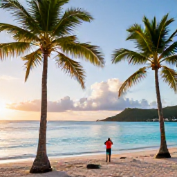 Caribbean Holidays, Guadeloupe Instagram Spots, Colourful tropical beach at sunrise in Guadeloupe, with calm turquoise water, palm trees and a person taking a travel photograph