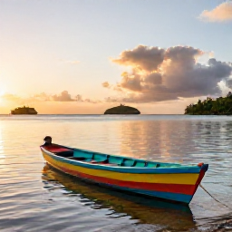 Caribbean Holidays, Guadeloupe Instagram Spots, Colourful wooden boats on a calm lagoon in Guadeloupe at sunset, with small islands in the distance