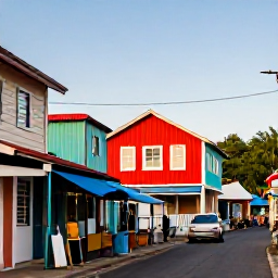 Caribbean Holidays, Guadeloupe Instagram Spots, Colourful wooden houses and a lively market street in Pointe-&agrave;-Pitre, Guadeloupe, photographed in warm August light